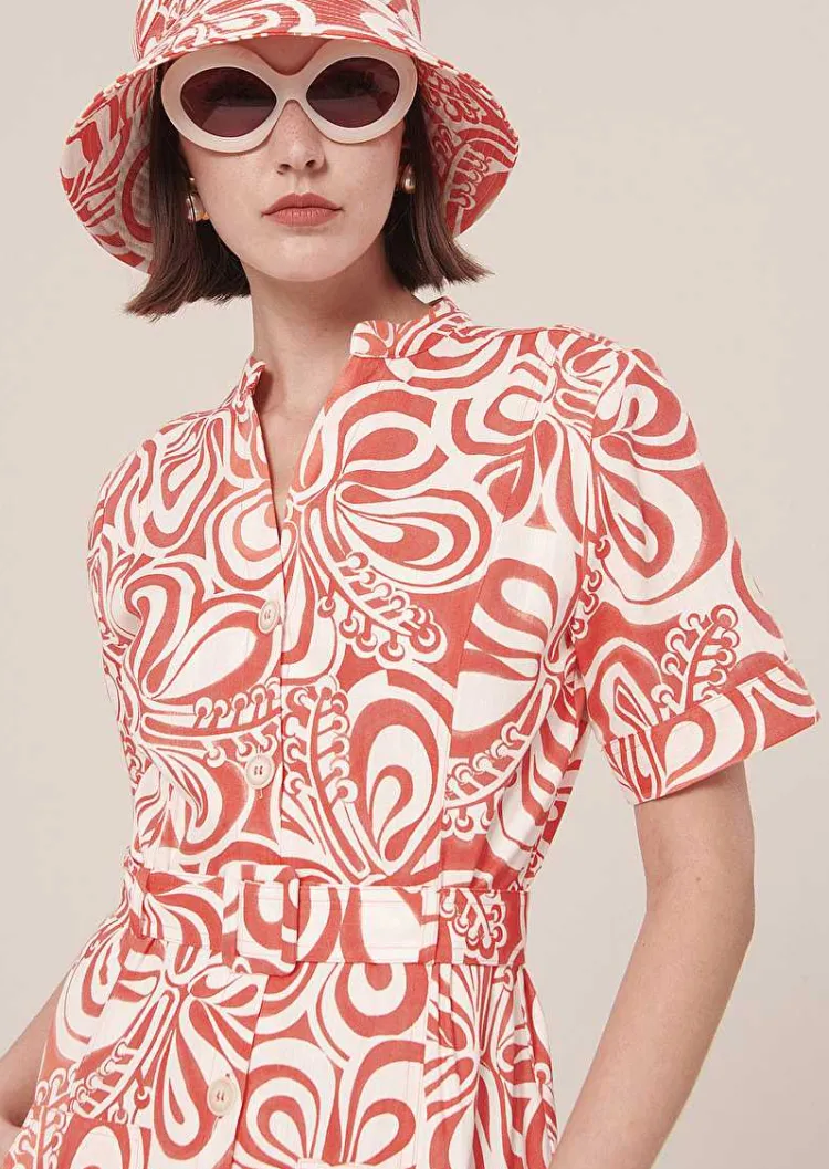 Robe En Coton A Motif Graphique Rosemarine Ecru Et Corail*TARA JARMON Discount