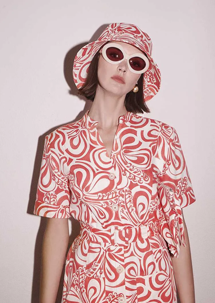 Robe En Coton A Motif Graphique Rosemarine Ecru Et Corail*TARA JARMON Discount