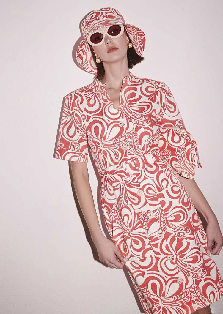 Robe En Coton A Motif Graphique Rosemarine Ecru Et Corail*TARA JARMON Discount